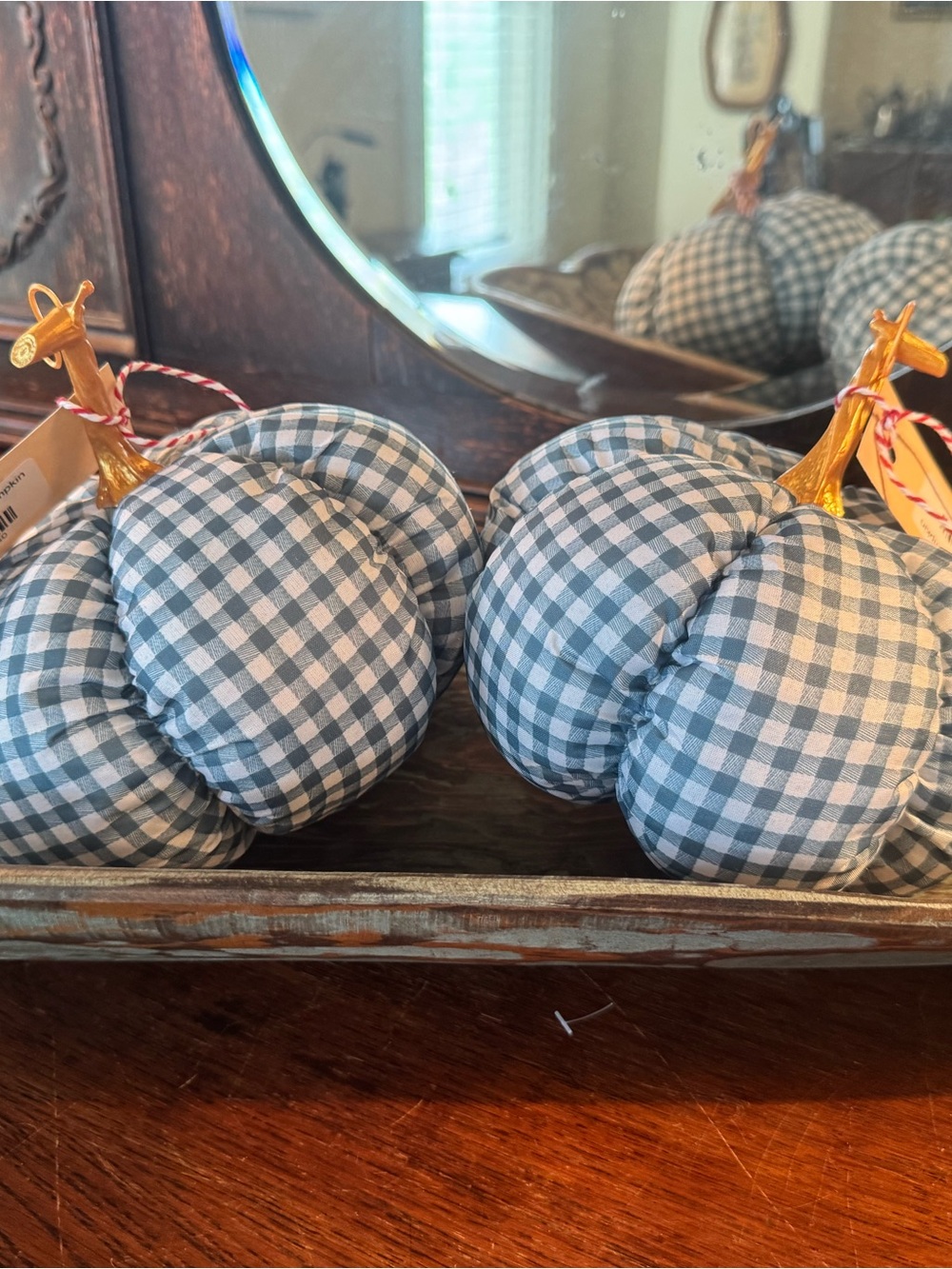 Gingham Fabric Pumpkins with Gold Stems - Set of 2